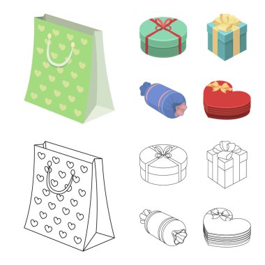 Fiyonklu hediye paketi hediye kutusu. Hediyeler ve sertifikaları çizgi film, anahat stili vektör simge stok çizim web simgeler ayarla.