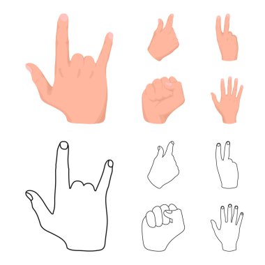 Açık yumruk, zafer, cimri. El hareketi toplama simgeler çizgi film, anahat stili vektör simge stok çizim web ayarla..