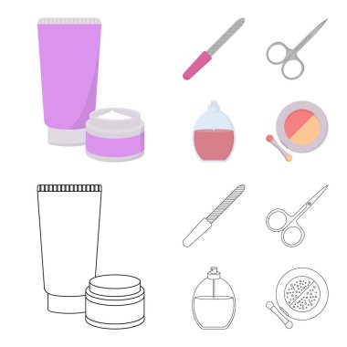 Tırnak törpüsü, makaslar, çivi, parfüm, pudra fırçası ile için. Makyaj çizgi film, anahat stili vektör simge stok çizim web simgeler ayarla.