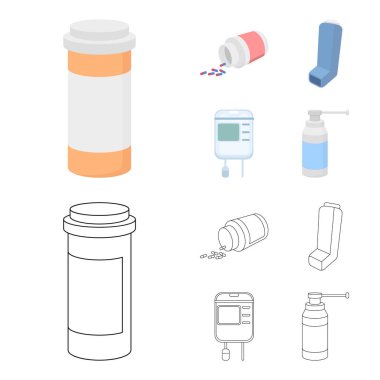 Tablet, ilaç, kan, sprey ile konteyner. İlaç toplama simgeler çizgi film, anahat stili vektör simge stok çizim web ayarla..