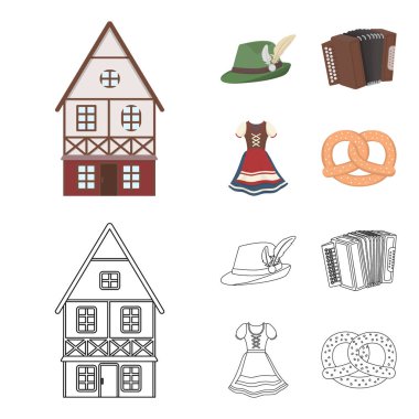 Tirol şapka, akordeon, elbise, tuzlu kraker. Oktoberfest toplama simgeler çizgi film, anahat stili vektör simge stok çizim web ayarla..