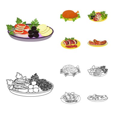 Kızarmış tavuk, sebze salatası, sebzeli şiş kebap, Kızarmış sosis tabakta. Gıda ve yemek toplama simgeler çizgi film, anahat stili vektör simge stok çizim web ayarla.