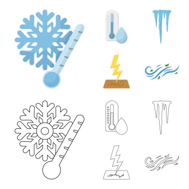 Nem, buz sarkıtları, thunderbolt, rüzgarlı hava. Hava toplama simgeler çizgi film, anahat stili vektör simge stok çizim web ayarla..