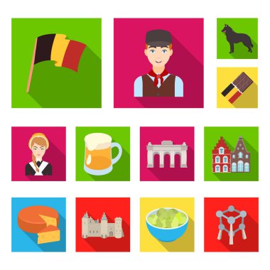Ülke Belçika set koleksiyonu tasarım için düz simgeler. Seyahat ve konumlar Belçika sembol stok web illüstrasyon vektör.