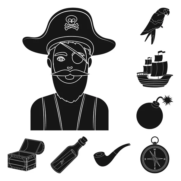 Pirata, ladrón de mar iconos negros en la colección de conjuntos para el diseño. Tesoros, atributos vector símbolo stock web ilustración . — Vector de stock