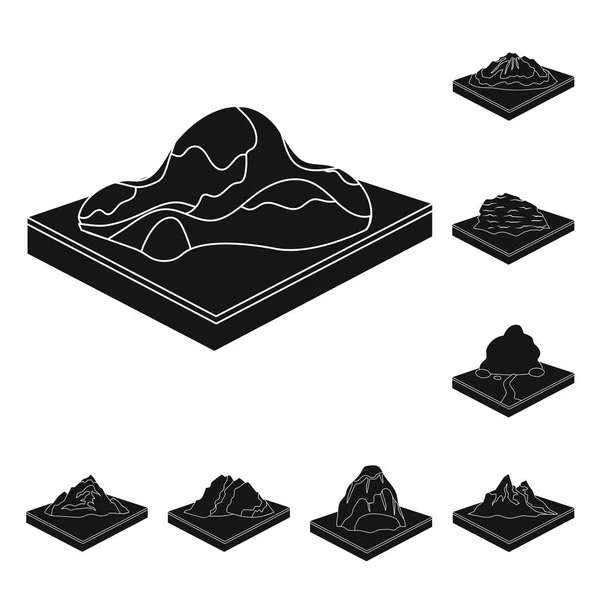 Montañas, iconos negros masivos en la colección de conjuntos para el diseño. La superficie de la tierra vector isométrico símbolo stock web ilustración . — Vector de stock
