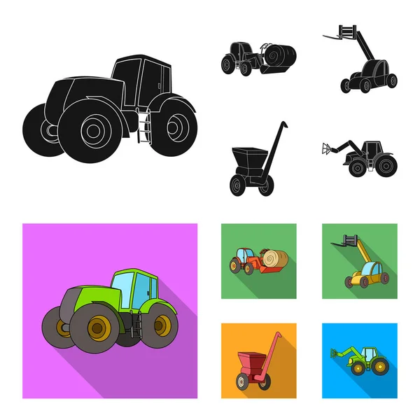 Trekker, hooi balancer en andere agrarische apparaten. Landbouwmachines instellen collectie iconen in zwart, plat stijl vector symbool stock illustratie web. — Stockvector