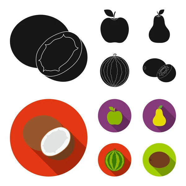 Kelapa, apel, pir, semangka. Buah set ikon dalam warna hitam, gaya datar vektor simbol saham gambar web . - Stok Vektor