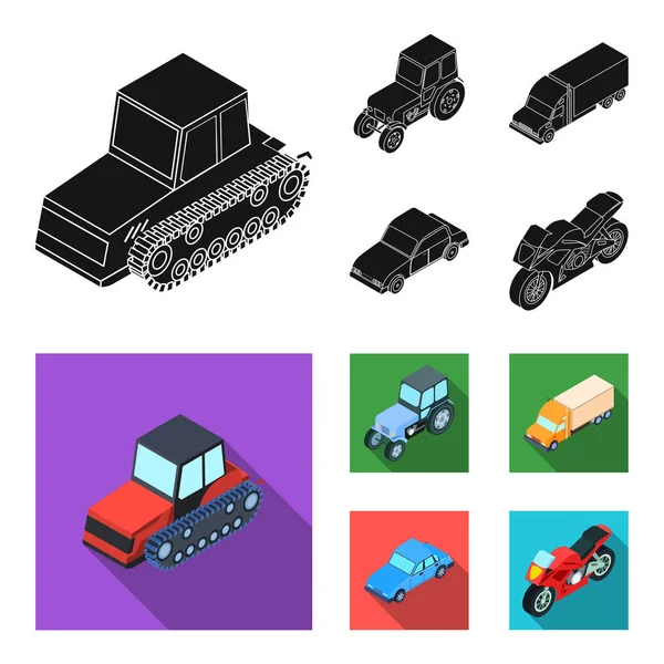Trator, trator de lagartas, caminhão, carro. Transporte conjunto coleção ícones em preto, estilo plano símbolo vetorial web ilustração estoque . — Vetor de Stock