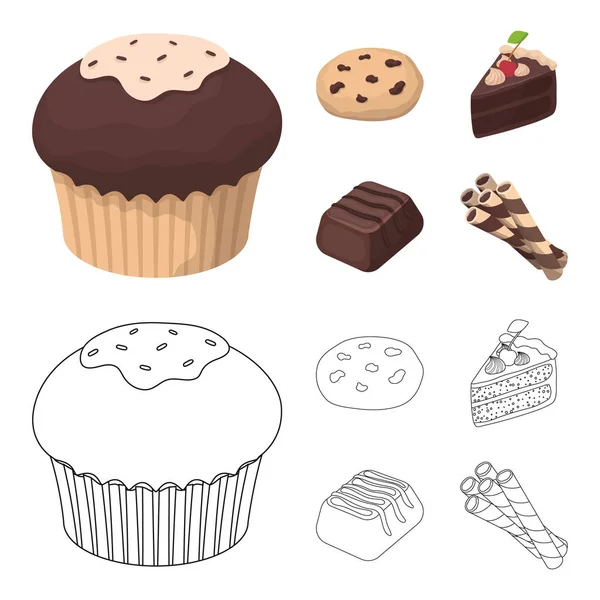 Biscuits américains, un morceau de gâteau, bonbons, gaufrettes. Chocolat desserts ensemble icônes de la collection dans la bande dessinée, contour de style vectoriel symbole illustration web . — Image vectorielle
