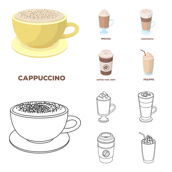 Mocha, macchiato, frappe, tomar café.Diferentes tipos de ícones de coleção de conjuntos de café em desenhos animados, esboço estilo vetor símbolo estoque ilustração web . — Vetor de Stock