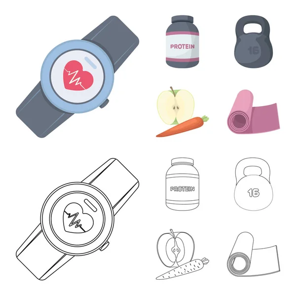 Protein, vitamins and other equipment for training.Gym and workout set collection icons in cartoon,outline style vector symbol stock illustration web. — Stock Vector