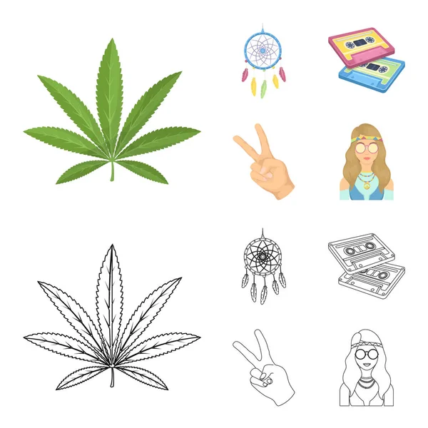 Amulet, hippie girl, freedom sign, old cassette.Hippy set collection icons in cartoon,outline style vector symbol stock illustration web. — Stock Vector