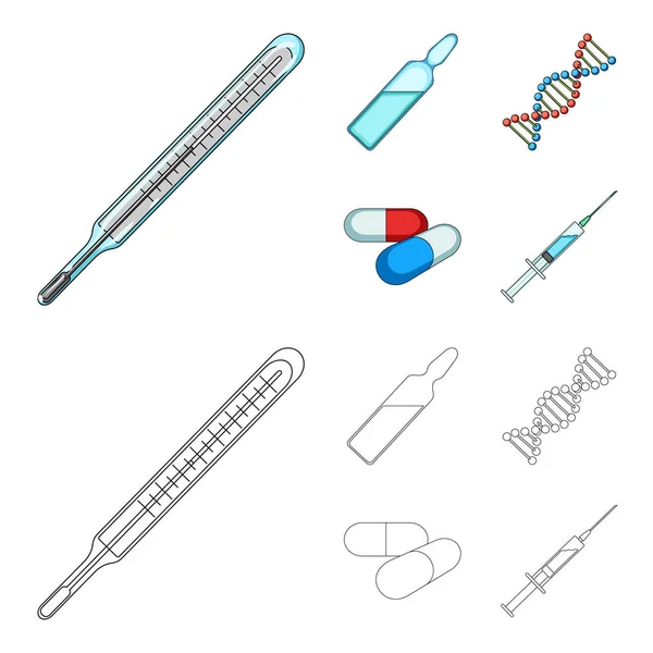 DNA humano e outros equipamentos.Ícones de coleção de conjuntos de medicina em desenhos animados, esboço estilo vetor símbolo estoque ilustração web . — Vetor de Stock