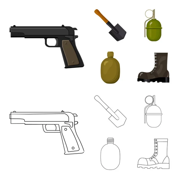 Hoja de zapador, granada de mano, frasco del ejército, bota de soldado. Militar y ejército conjunto colección iconos en dibujos animados, contorno estilo vector símbolo stock ilustración web . — Vector de stock