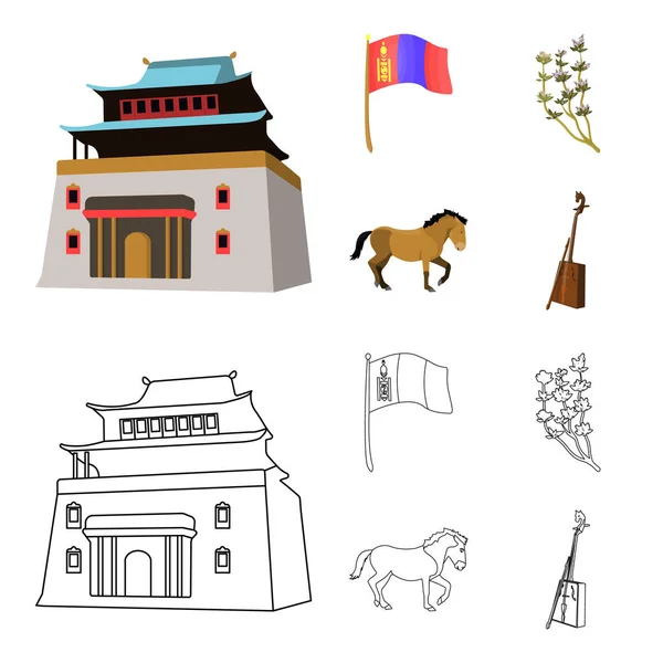 Bandera nacional, caballo, instrumento musical, planta esteparia. Mongolia conjunto de iconos de colección en dibujos animados, contorno estilo vector símbolo stock ilustración web . — Vector de stock