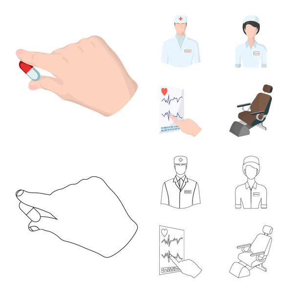 Лечащий врач, медсестра, кардиограмма сердца, стоматологическое кресло. Иконки коллекции Medicineset в мультфильме, набросок векторных символов стиля иконок паутины . — стоковый вектор
