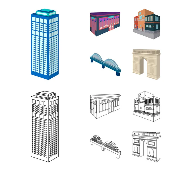 Arc de Triomphe in Paris, Reinforced bridge, cafe building, House in Scandinavian style. Architectural and building set collection icons in cartoon,outline style vector symbol stock illustration web. — Stock Vector