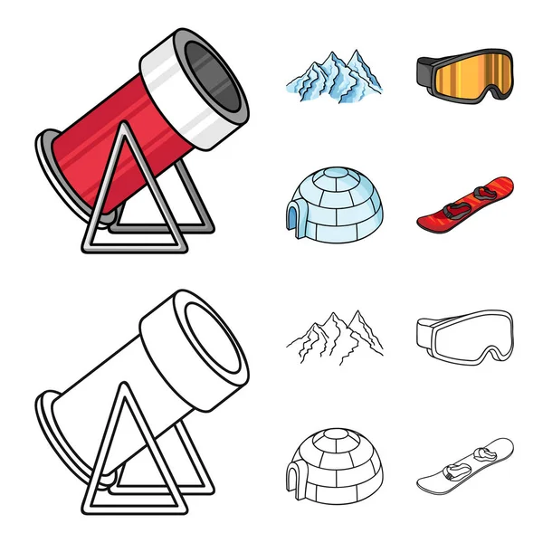 Bergen, bril, een iglo, een snowboard. Skigebied instellen collectie iconen in de tekenfilm, overzicht stijl vector symbool stock illustratie web. — Stockvector