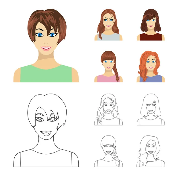 Tipos de penteados femininos desenhos animados, ícones de contorno na coleção de conjuntos para design. Aparência de uma mulher vetor símbolo web ilustração . —  Vetores de Stock