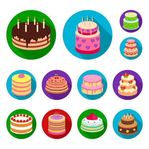 Cake and dessert flat icons in set collection for design. Holiday cake vector symbol stock web illustration. — Stock Vector