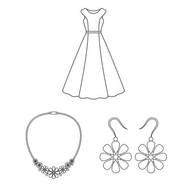 Giysi ve aksesuarları set koleksiyonu tasarım için simgeleri anahat. Ayakkabı ve dekorasyon sembol stok web illüstrasyon vektör.