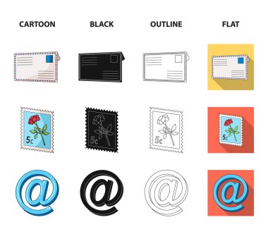 Posta kutusu, tebrik kartı, posta pulu, zarf. Posta ve postacı koleksiyonu Icons set çizgi film, siyah, anahat, düz stil vektör simge stok çizim web.