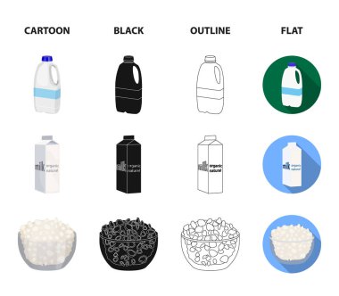 Süt, kalsiyum, ürün, yiyecek. Süt ürünü ve tatlı koleksiyonu Icons set çizgi film, siyah, anahat, düz stil vektör simge stok çizim web.