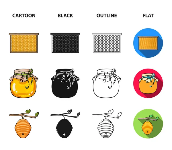 Un marco con panales, un cucharón de miel, un fumigador de abejas, un frasco de miel.Apiary conjunto de iconos de la colección en dibujos animados, negro, contorno, vector de estilo plano símbolo stock illustration web . — Vector de stock