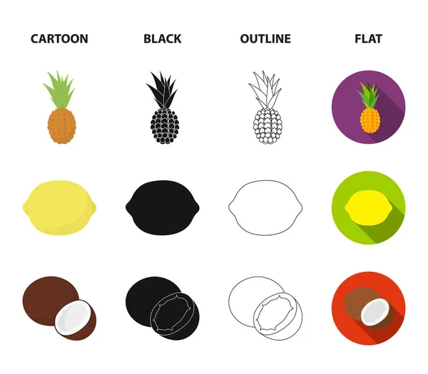 Melone, susina, ananas, limone.Insieme di frutta icone di raccolta in cartone animato, nero, contorno, stile piatto vettore simbolo stock illustrazione web . — Vettoriale Stock