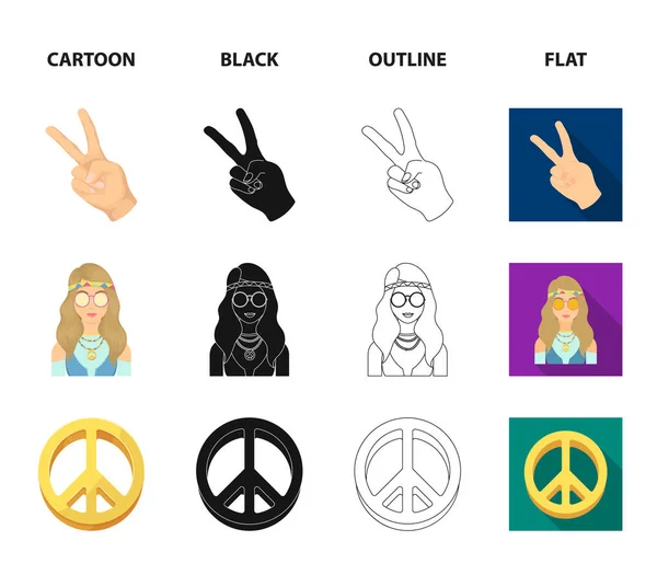 Amulet, hippie dívka, svoboda znamení, staré kazety. Hippie sada kolekce ikon v karikatuře, černá, obrys, plochý vektor symbol akcií ilustrace web. — Stockový vektor