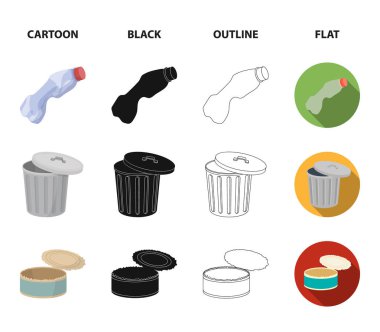 Kırık ampul tüm pilleri, bir plastik şişe, çöp bir işareti ile kırma. Çöp ve çöp toplama Icons set çizgi film, siyah, anahat, düz stil vektör simge stok çizim web.