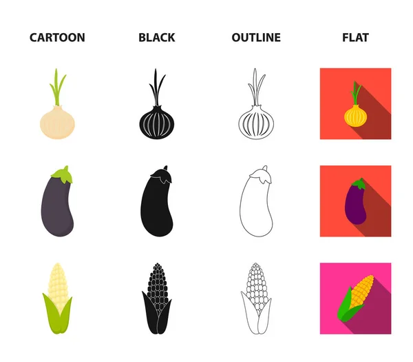 Oliven auf einem Zweig, Erbsen, Zwiebeln, Auberginen. Gemüse Set Sammlung Symbole in Cartoon, schwarz, Umriss, flachen Stil Vektor Symbol Stock Illustration Web. — Stockvektor