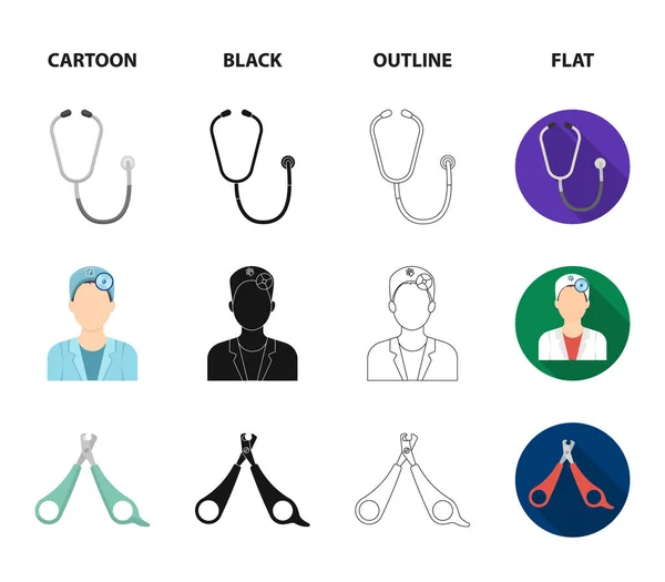 Límec, kosti, kočka, účes. Veterán klinika sada kolekce ikon v karikatuře, černá, obrys, plochý vektor symbol akcií ilustrace web. — Stockový vektor