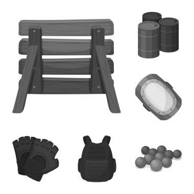 Paintball takım set koleksiyonu tasarım için oyun tek renkli simgeler. Ekipman ve kıyafet sembol stok web illüstrasyon vektör.