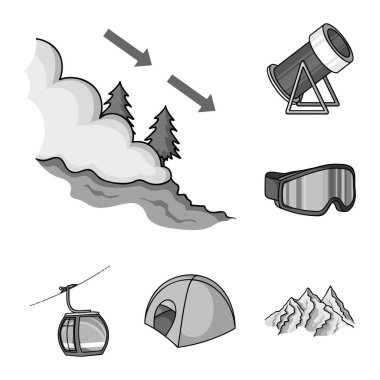 Ski resort ve ekipman tek renkli simgeler set koleksiyonu tasarım için. Eğlence ve Rekreasyon sembol stok web illüstrasyon vektör.