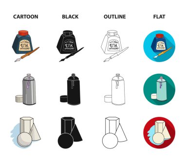 Balonchik boyalar, boya, sulu boya bir kutu içinde tüplerini mürekkep bir şişe ve bir kalem. Düz stil vektör simge stok çizim web sanatçı ve çizgi film, siyah, anahat, çizim küme toplama simgeler.