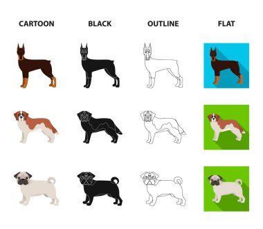 Köpek ırkları çizgi film, siyah, anahat, set koleksiyonu tasarım için düz simgeler. Köpek evde beslenen hayvan vektör simge stok web çizim.