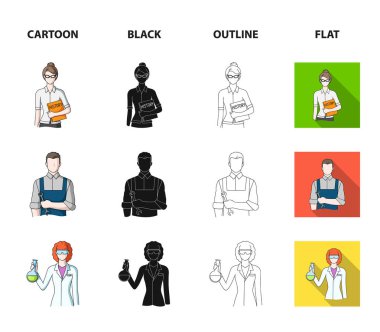 Aşçı, ressam, öğretmen, çilingir makinist. Meslek koleksiyonu Icons set çizgi film, siyah, anahat, düz stil vektör simge stok çizim web.