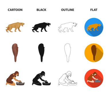 Adam, hunter, soğan, şenlik ateşi. Taş devri koleksiyonu Icons set çizgi film, siyah, anahat, düz stil vektör simge stok çizim web.