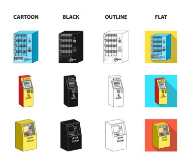 Bir oyun makinesi, bir bilet satış terminal, aqua ve çikolata satış için bir otomat. Terminalleri koleksiyonu Icons set çizgi film, siyah, anahat, düz stil izometrik vektör simge stok çizim web