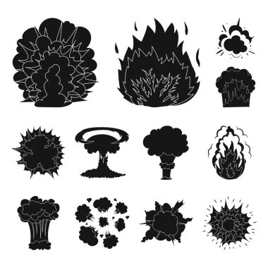 Farklı patlamalar set koleksiyonu tasarım için simgeler siyah. Flash ve alev vektör simge stok web çizim.