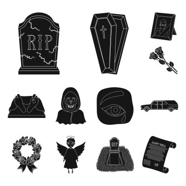 Set koleksiyonu tasarım için cenaze töreni siyah simgeler. Cenaze törenleri ve öznitelikleri sembol stok web illüstrasyon vektör.