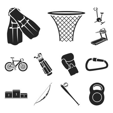 Spor çeşitleri set koleksiyonu tasarım için simgeler siyah. Spor ekipmanları vektör simge stok web çizim.