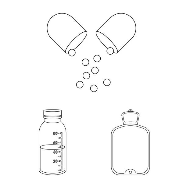 Icone con contorno di medicinali e trattamenti nella collezione set per il design. Illustrazione web stock simbolo vettoriale di medicina e attrezzature . — Vettoriale Stock