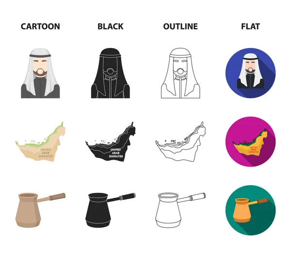Dulces orientales, lámpara de Ramadán, jeque árabe, territorio.Los emiratos árabes establecen iconos de la colección en dibujos animados, negro, contorno, vector de estilo plano símbolo stock illustration web . — Archivo Imágenes Vectoriales