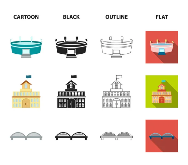 Casa del governo, stadio, caffè, chiesa.Costruire set di icone di raccolta in cartone animato, nero, contorno, stile piatto vettore simbolo stock illustrazione web . — Vettoriale Stock