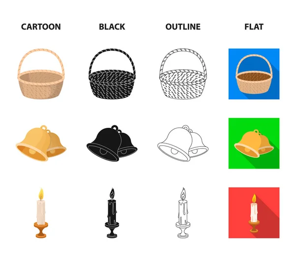 Œuf en chocolat, cloches, panier et fleurs.Ensemble de Pâques icônes de la collection en dessin animé, noir, contour, style plat symbole vectoriel illustration web . — Image vectorielle