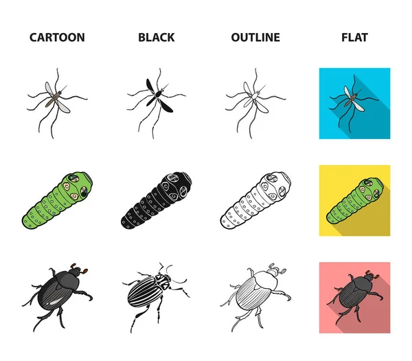 Arthropods insect mosquito, bee.Earth worm, caterpillar,vermicular set collection icons in cartoon,black,outline,flat style vector symbol stock isometric illustration web. — Stock Vector