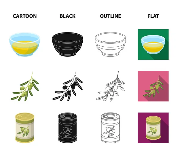 Olivový strom, větev s olivami, plavidlo a džbán ropy. Olivy sada kolekce ikon v karikatuře, černá, obrys, plochý vektor symbol akcií ilustrace web. — Stockový vektor